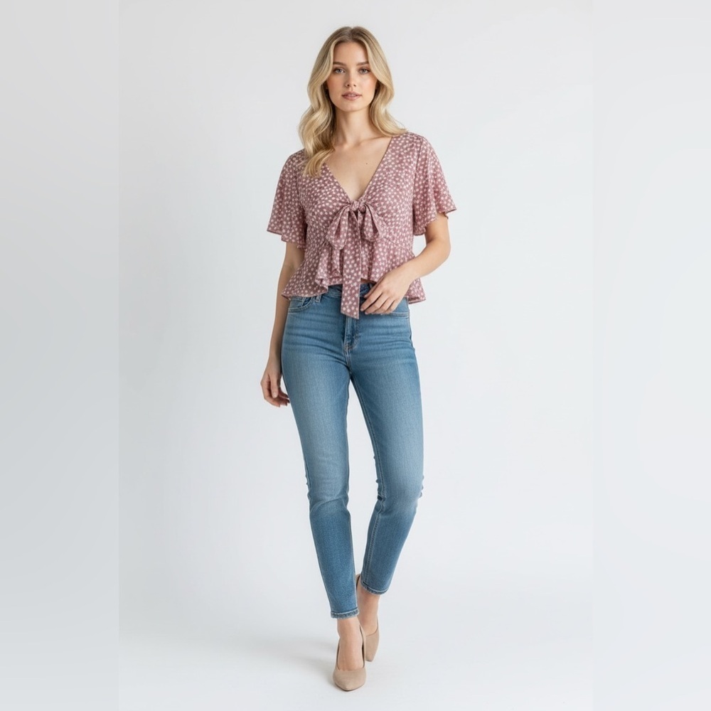 SHEIN Dusty Rose Floral Tie Front Peplum Blouse Size XL